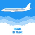 Travel by plane banner. White Airplane in the blue sky with clouds. Aircraft flight concept. Vector illustration Royalty Free Stock Photo